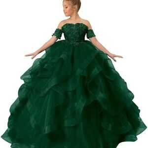 Amazon Girls Emerald Green Off-Shoulder Ruffled Tulle Gown